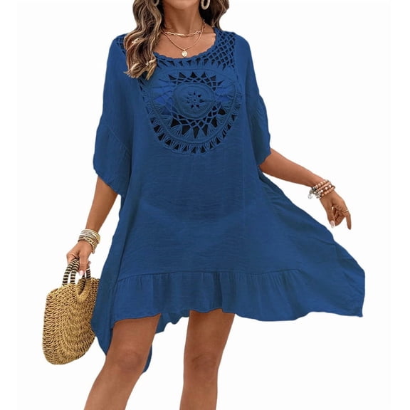 Womens Swimsuits Cover Ups Crochet Chiffon Beach Cover Bathing Suit Bikini Wear Coverups Dress Blue One Size