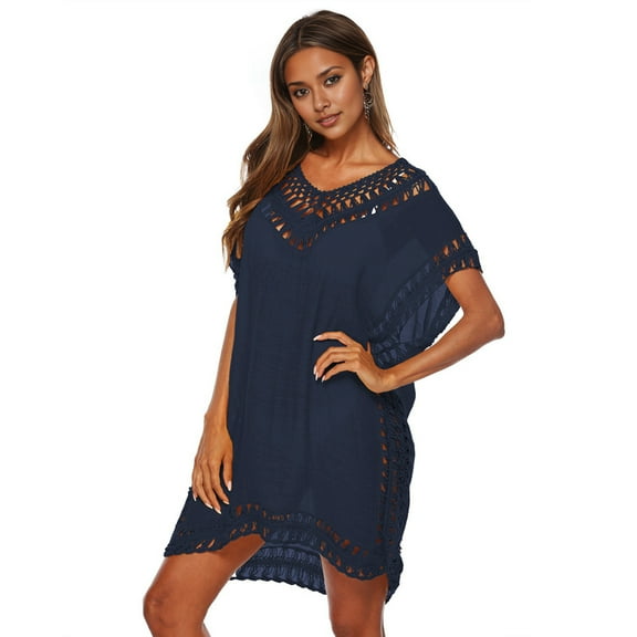 Womens Swimsuits Cover Ups Crochet Chiffon Beach Cover Bathing Suit Bikini Wear Coverups Dress Navy Blue XXL