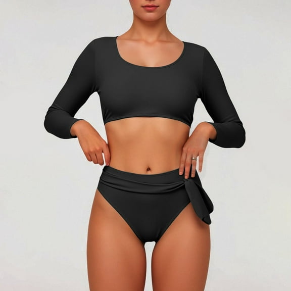 Womens Swimsuits Crop Top High Waisted Bikini Set Rash Guard Bathingsuit Long Sleeve Swimwear Woman Swimming Suit Long Women Swimwear Set Teen Swim Suits Girls Underwire Swimsuit Tops for Women Large