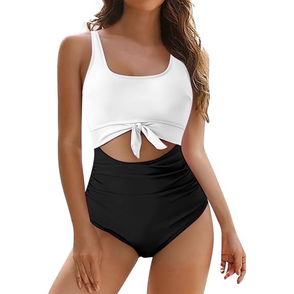 Womens Swimsuits, Duoif Tummy Control Bathing Suit Cutout Tie Knot Swimwear Swimsuits for Women White XS