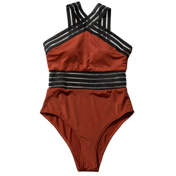 Womens Swimsuits Duoif Women's One Swimsuit High Cut Bathing Suit Contrasting Colors Neck Bathing Suit for Women Coffee L