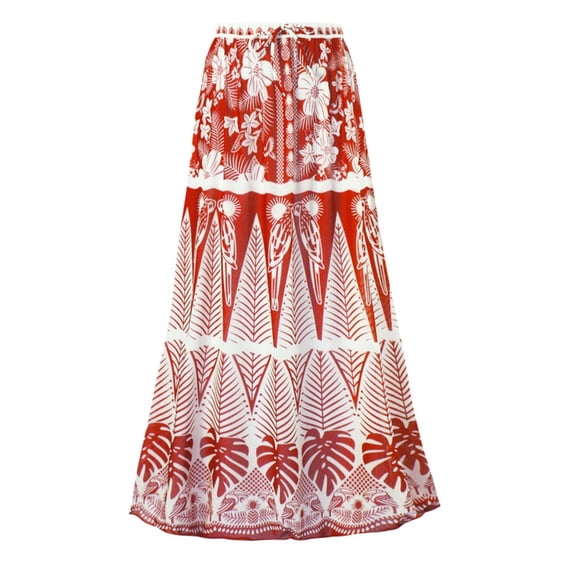 Womens Swimsuits Floral Print Boho Maxi Skirt Elastic High Waist Pleated Ruffle Flowy Long Vintage Skirts Swimwear
