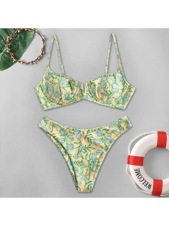 Womens Swimsuits Floral Print V Neck Spaghetti Strap Two Pieces Bikinis Set Bathing Suits