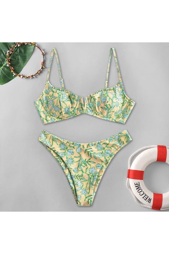 Womens Swimsuits Floral Print V Neck Spaghetti Strap Two Pieces Bikinis Set Bathing Suits