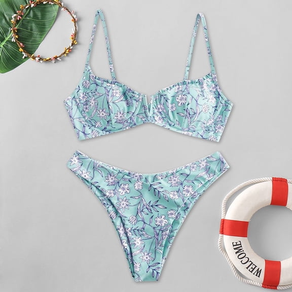 Womens Swimsuits Floral Print V Neck Spaghetti Strap Two Pieces Bikinis Set Bathing Suits
