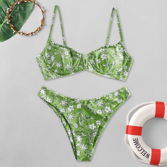 Womens Swimsuits Floral Print V Neck Spaghetti Strap Two Pieces Bikinis Set Beachwear