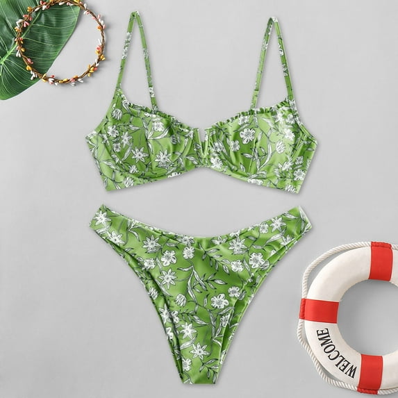 Womens Swimsuits Floral Print V Neck Spaghetti Strap Two Pieces Bikinis Set Beachwear