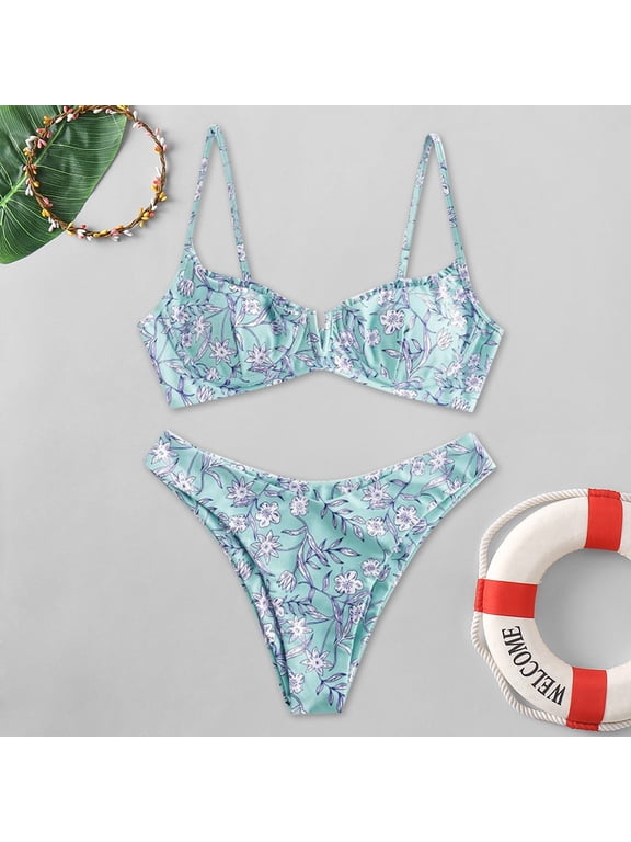 Womens Swimsuits Floral Print V Neck Spaghetti Strap Two Pieces Bikinis Set Beachwear