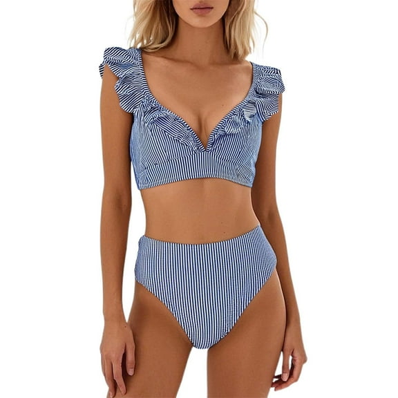 Swimsuits for Women High Waist Striped Print Bikini Set Ruffle Trim Sexy Two Piece Blue Women's Swimwear L