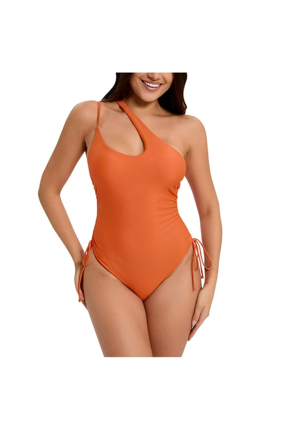 Womens Swimsuits One Piece Cutout High Cut Swimwear Black Bathing Suit Swim Suits for Women One Shoulder (Orange M)
