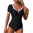 thumbnail image 1 of Womens Swimsuits One Piece Full Coverage Tummy Control Bathing Suit Push Up Short Sleeve V Neck Ruched Modest Swim Suits Black M, 1 of 7