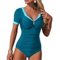 thumbnail image 1 of Womens Swimsuits One Piece Full Coverage Tummy Control Bathing Suit Push Up Short Sleeve V Neck Ruched Modest Swim Suits Blue M, 1 of 7