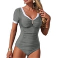 thumbnail image 1 of Womens Swimsuits One Piece Full Coverage Tummy Control Bathing Suit Push Up Short Sleeve V Neck Ruched Modest Swim Suits Gray S, 1 of 7