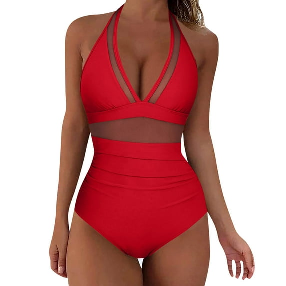 Womens Swimsuits One Piece Sexy Mesh Push Up High Waisted Bathing Suit Training Bathing Sport Control Red Swimwear Sizes S
