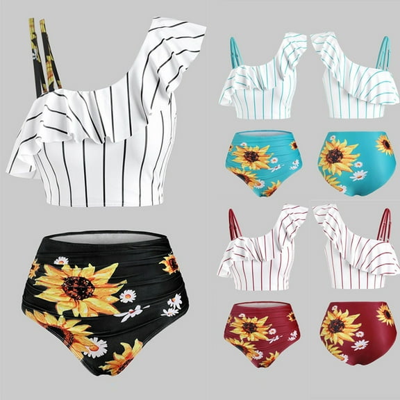 Womens Swimsuits One Shoulder Ruffles Striped Bikini Set 2 Piece Sunflower Plus Size Padded Push-Up Swimwear Black High Cut Bathing Suits XXL