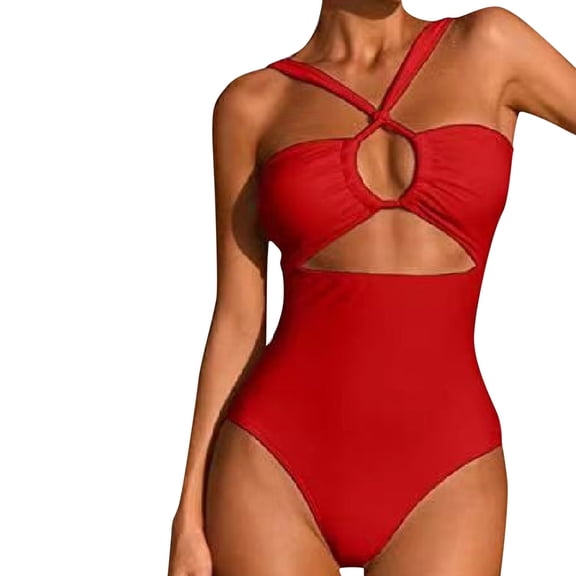 Womens Swimsuits Openwork Cross Halter High Waisted One Piece Bikini,Red,S
