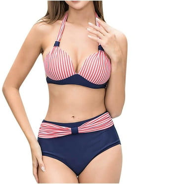 Womens Swimsuits Pimelu Bathing Suit for Women Bikini Set Womens Bikini Swimsuit Fashion Striped Print Ladies Two Pieces Swimwear Summer High Waist Backless Strap Beachwear
