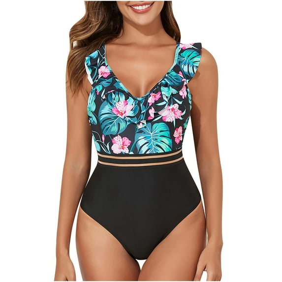Womens Swimsuits Pimelu Bathing Suit for Women One Piece Swimsuit High Waist Swimsuits for Women Summer Beach Fashion Floral Ruffle Layer Swimwear Ladies Girls Backless Tankini