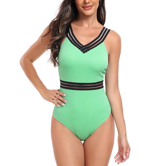 Womens Swimsuits Pimelu Bathing Suit for Women One Piece Swimsuit Womens High Waist Bathing Suit Girls Slim Mesh Patchwork Strap Athletic Swimwear Ladies Solid Sports Swimsuit with Padded
