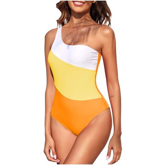 Womens Swimsuits Pimelu Bathing Suit for Women One Piece Swimsuit Womens One Piece Bathing Suit Fashion Color Block One Shoulder Athletic Swimwear Girls Ladies High Waist Tankini Beachwear