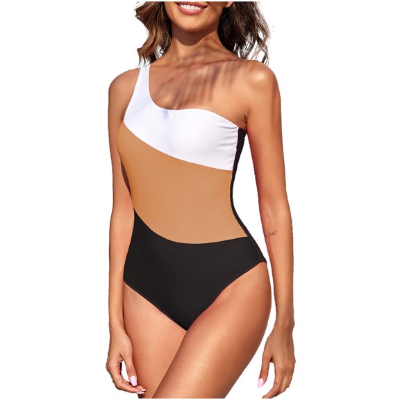 Womens Swimsuits Pimelu Bathing Suit for Women One Piece Swimsuit Womens One Piece Bathing Suit Fashion Color Block One Shoulder Athletic Swimwear Girls Ladies High Waist Tankini Beachwear