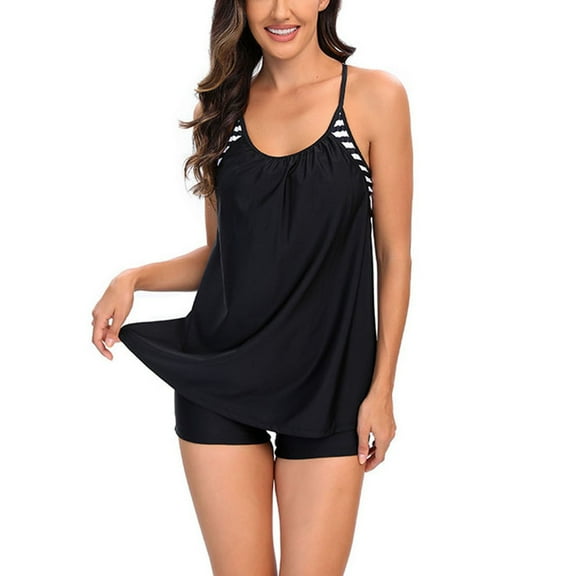 Womens Swimsuits Pimelu Bathing Suit for Women Tankini Bathing Suit Two Pieces Swimsuits for Women Casual Summer Ladies Strap Modest Swimwear Girls Striped Print Strap Bathing Suit with Boyshort