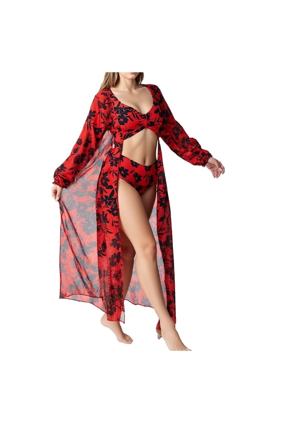 Womens Swimsuits Sets Three Piece Bikini Sets with Sheer Robe Beach Vacation Floral Print Bathing Suit