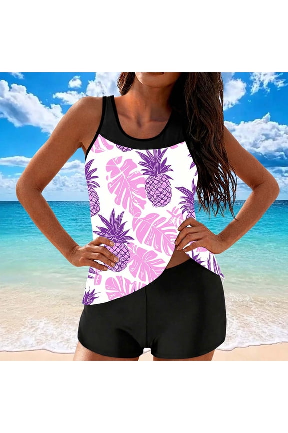 Womens Swimsuits Shape Retentive Pineapple Print Round Neck Removable Soft Padded Adjustable Boyleg Two Piece Tankini Set Women's Bathing Suits