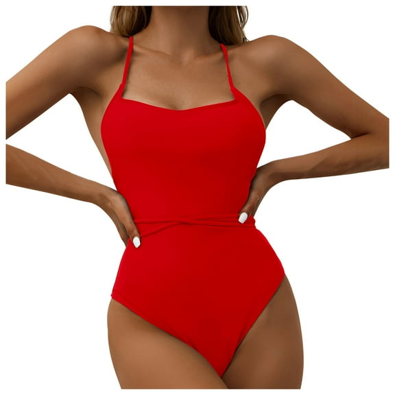Womens Swimsuits Conservative Solid Color High Waisted One Piece,Red,S