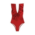thumbnail image 1 of Womens Swimsuits Solid Color Flounce Hem One Piece Bathing Suit,Red,XL, 1 of 8