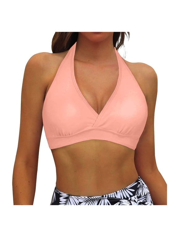 Womens Swimsuits Solid Color Halter Neck Bikini Top Push Up Summer Beach Fashion Swimsuit Top PK2 XL