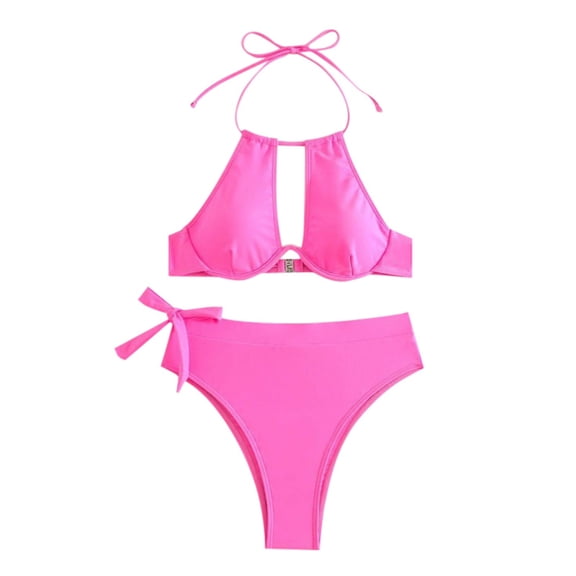 Womens Swimsuits Solid Color Hollow Out Halter Sexy Bra And High Waisted Panty Set Two Piece Tankinis Set Swimwears Beachwear,Pink,XL