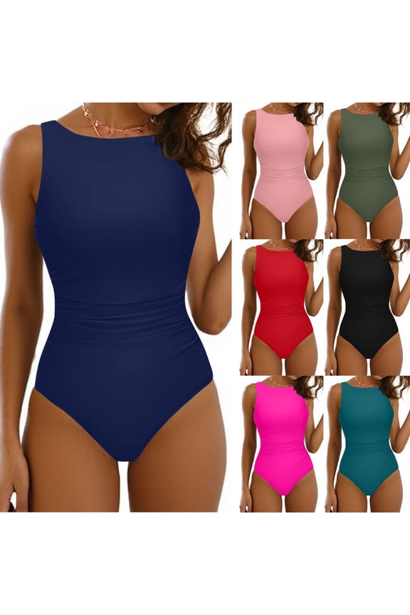Womens Swimsuits Solid-Color Round-Neck Bikini One-Piece Swimsuit with Open Back Padded, No Underwire