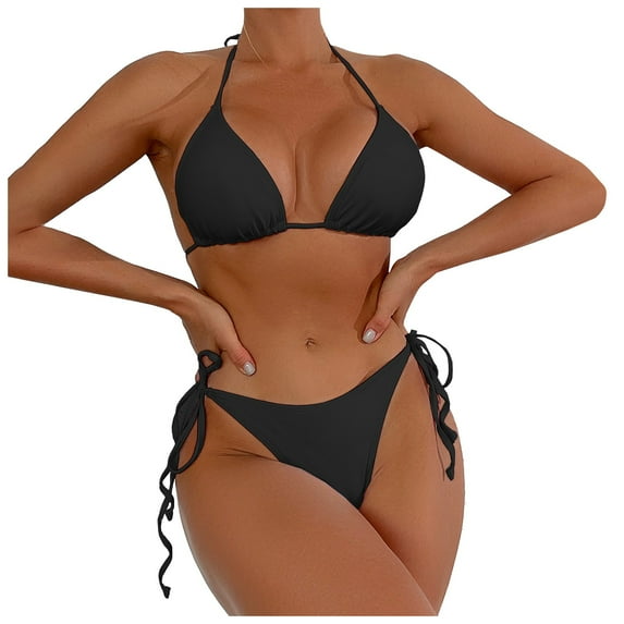 Womens Swimsuits Solid Color Sexy Lace Up Halter Backless Brassiere With Thongs Brazilian Split Two Piece Bikini Sets For Women Swimwears Beachwear,Black,M
