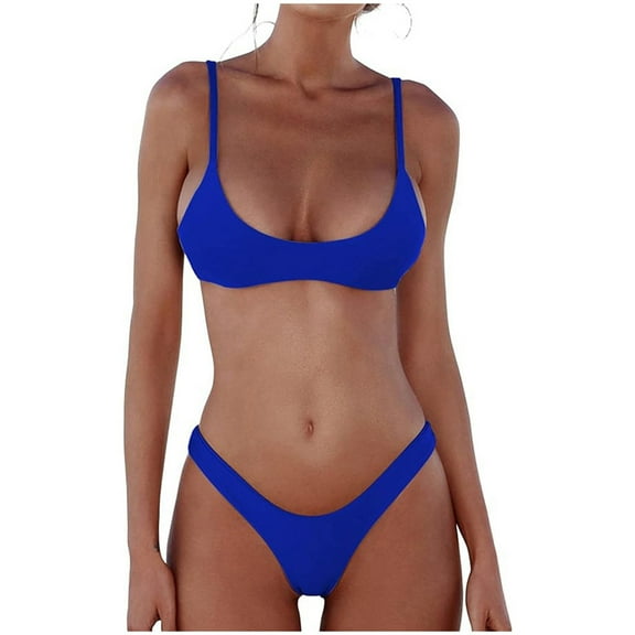 Womens Swimsuits Solid Color Spaghetti Strap Push Up Padded Brassiere With Thongs Brazilian Two Piece Bikini Sets For Women Swimwears Bathing Suits,Blue,M