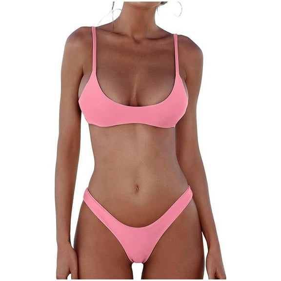 Womens Swimsuits Solid Color Spaghetti Strap Push Up Padded Brassiere With Thongs Brazilian Two Piece Bikini Sets For Women Swimwears Bathing Suits,Pink,M