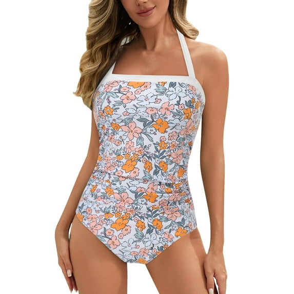 Womens Swimsuits Solid Color Strapless Backless Gathering Separate Bikini White Swimwear for Women XL