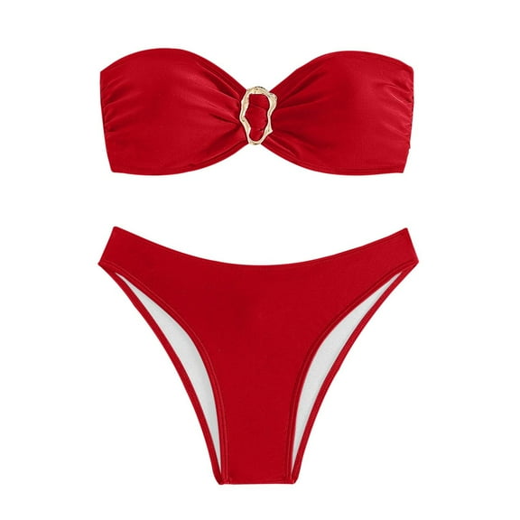 Womens Swimsuits Solid Color Strapless Sexy Two Piece Bikini Sets For Women Swimwears Bathing Suits,Red,L