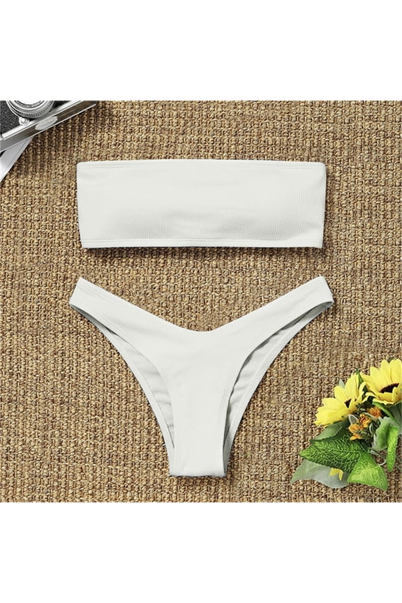 Womens Swimsuits Solid Color Strapless With Thongs Two Piece Tankinis Set Bathing Suits