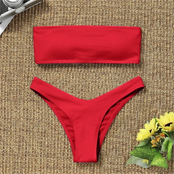Womens Swimsuits Solid Color Strapless With Thongs Two Piece Tankinis Set Swimwears