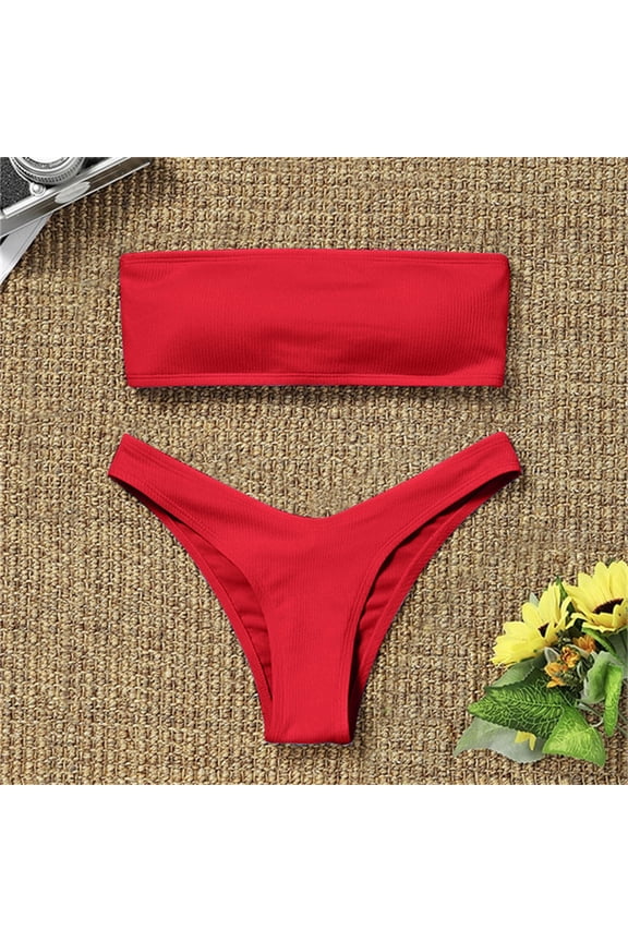 Womens Swimsuits Solid Color Strapless With Thongs Two Piece Tankinis Set Swimwears