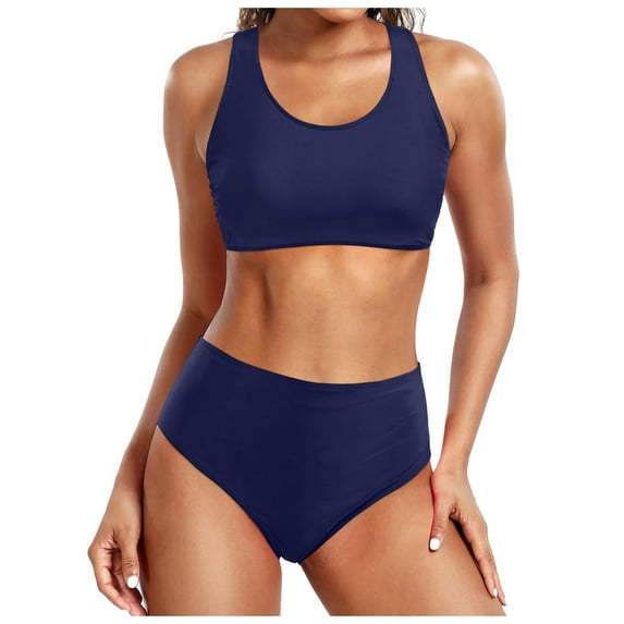 Womens Swimsuits Solid Color Strappy Round Neck Push Up Bra And Panty Set Vintage Tow Piece Tankini Swimsuits For Women Swimwears Holiday Wear,Dark Blue,M