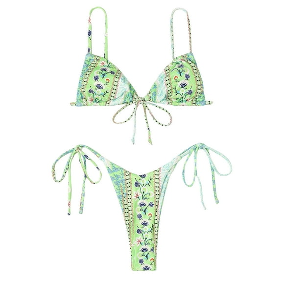 Womens Swimsuits Spaghetti Strap Print Push Up Backless Bikinis Set Green Women Bathing Suits S