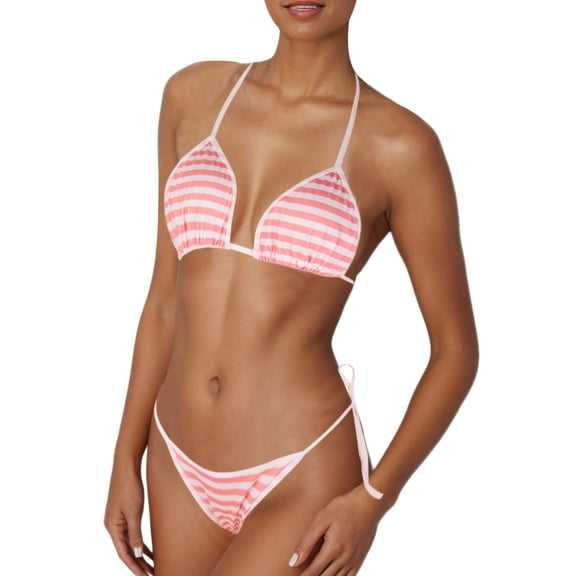 Womens Swimsuits Striped Print Sexy Lace Up Halter Brassiere With Thongs Brazilian Two Piece Bikini Sets For Women Swimwears Bathing Suits,Pink,M