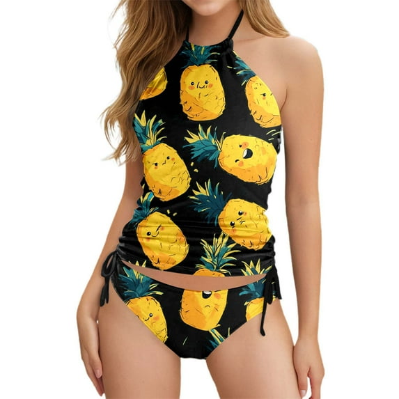 Womens Swimsuits Summer Casual Backless Print Halter Tankinis 2 Piece Set Black Womens Bathing Suits L