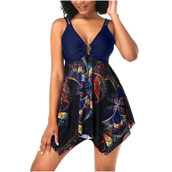 Womens Swimsuits Tankini Fashion Printed Bikini Push-Up Padded Beach Clothes for Women,Blue,M