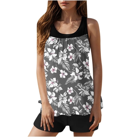 Womens Swimsuits Tankini Floral Print Two Piece Swimsuit Set Blouson Swim Tank Top with Shorts Modest Bathing Suits for Women