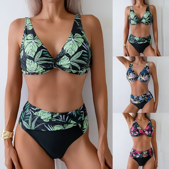Womens Swimsuits Trendy Colorful Print Bikini Set High Waist Design Swim Suit 2 Piece Green High Cut Bathing Suits L