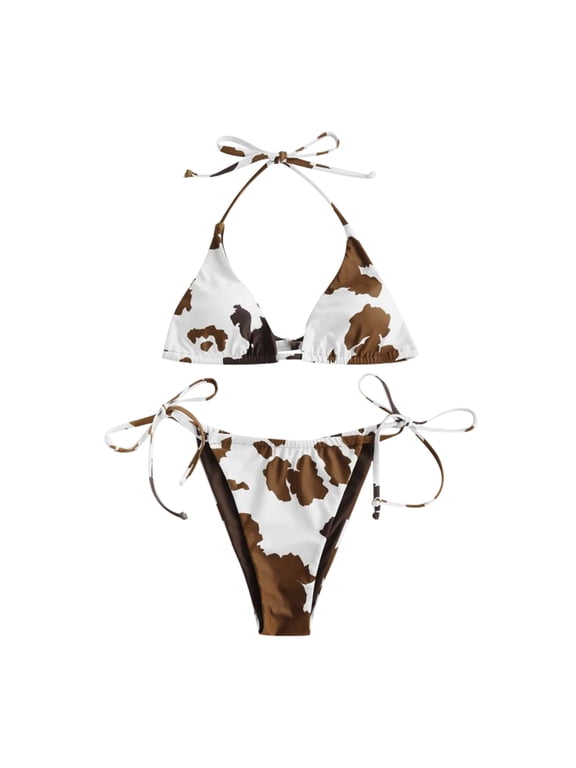 Womens Swimsuits Triangle String Bikini Printed Thong Bathing Suit,Brown,M