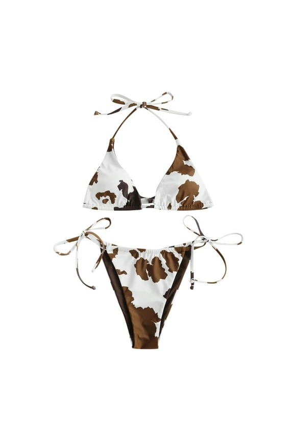 Womens Swimsuits Triangle String Bikini Printed Thong Bathing Suit,Brown,S